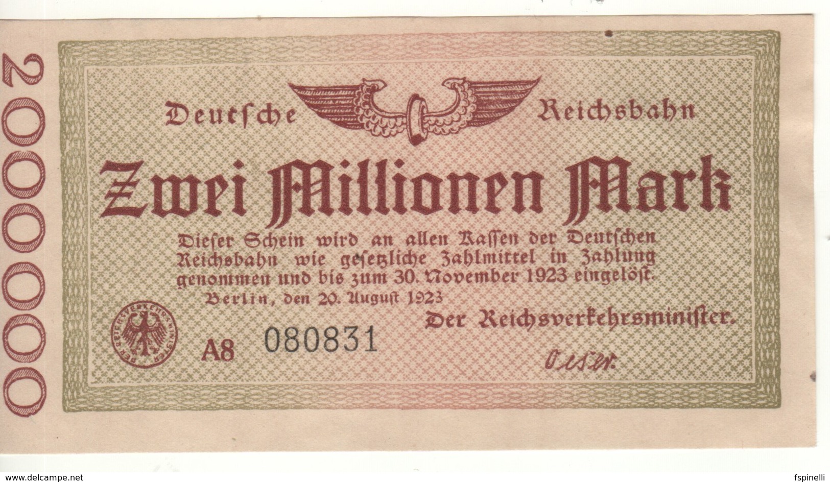 GERMANY  2 Millionen Mark   Deutche Reichbahn  Dated  20.8.1923 - 2 Mio. Mark