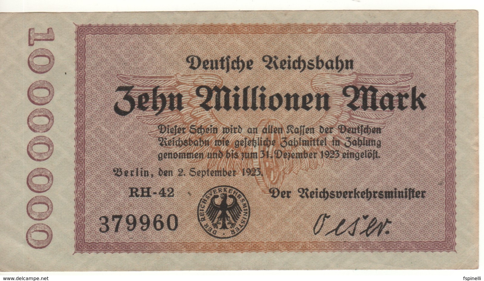 GERMANY  10 Millionen Mark   Deutche Reichbahn    Dated  2.9.1923 - 2 Millionen Mark