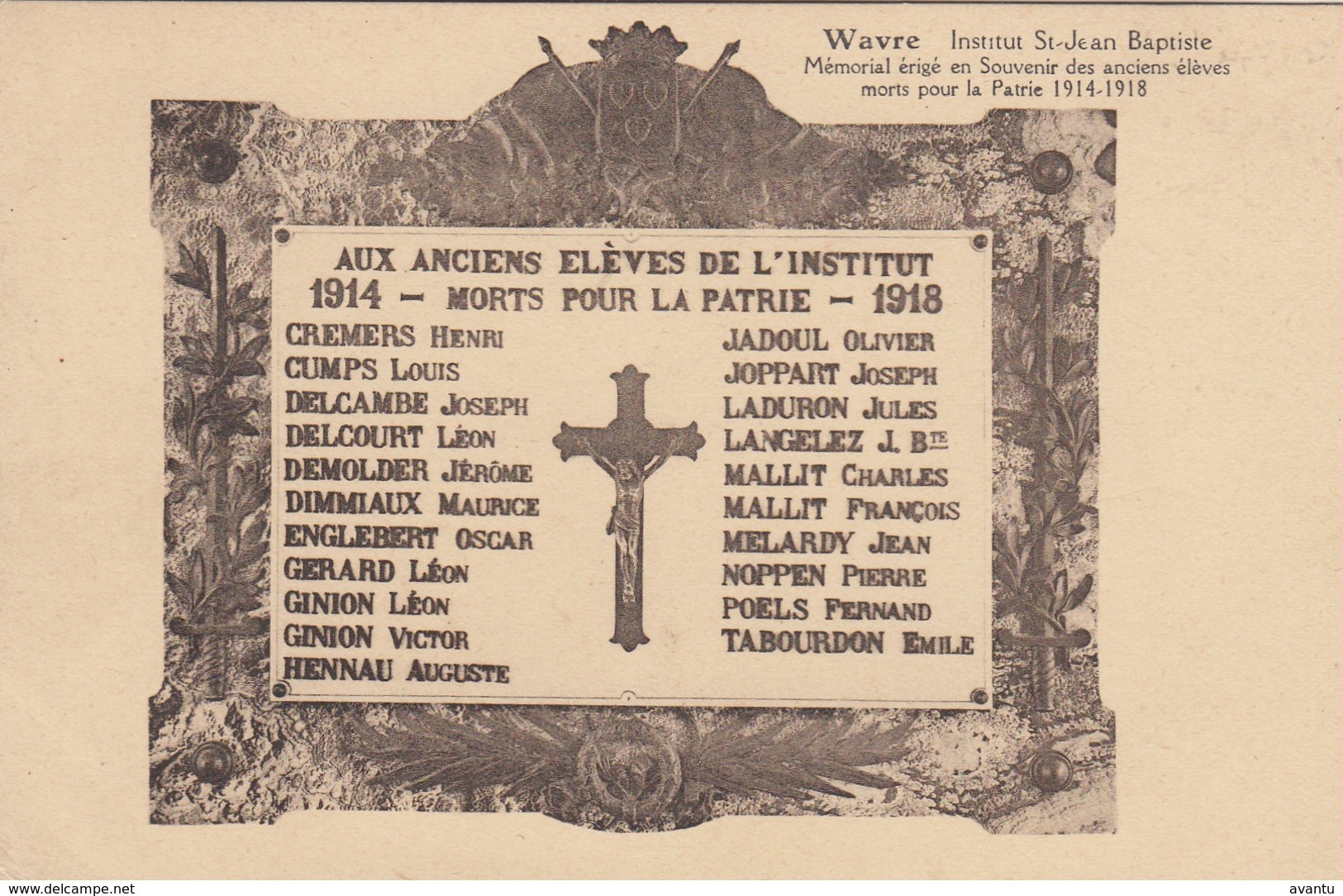 WAVRE / GUERRE 1914-18 / MEMORIAL  DES ELEVES DE L INSTITUT ST JEAN BAPTISTE - Wavre