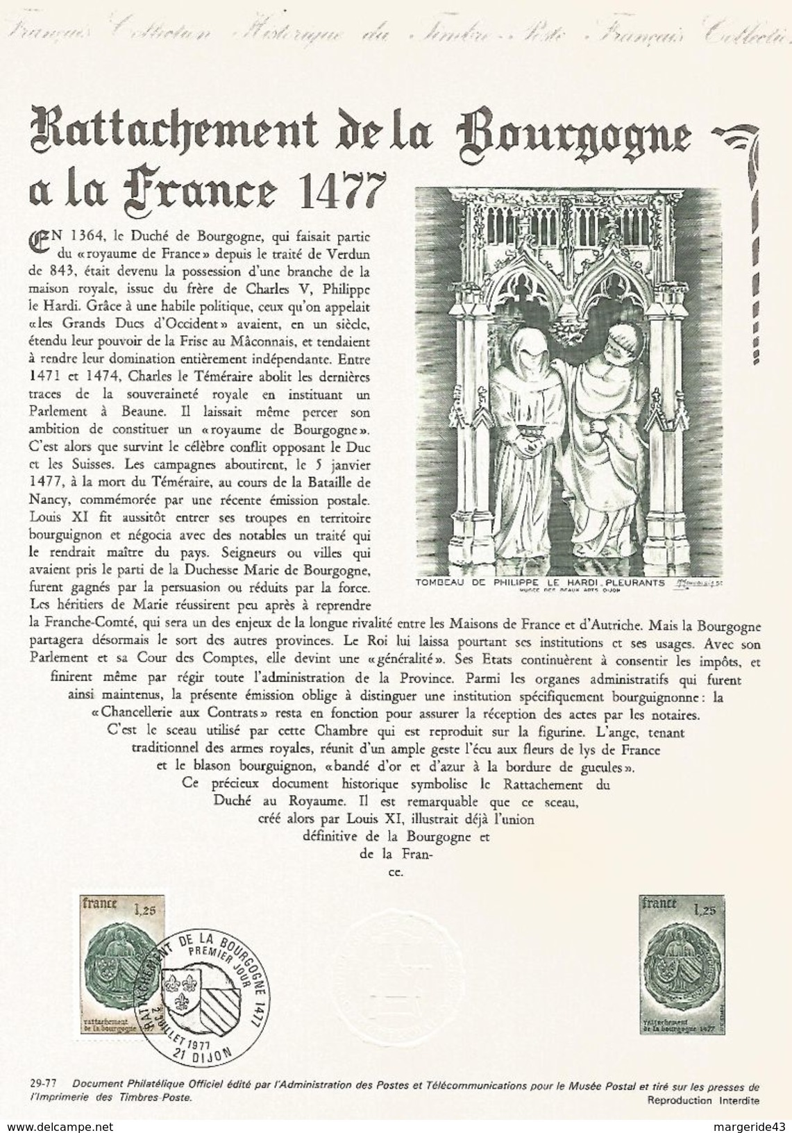 DOCUMENT 1977 RATTACHEMENT DE LA BOURGOGNE - Documenten Van De Post