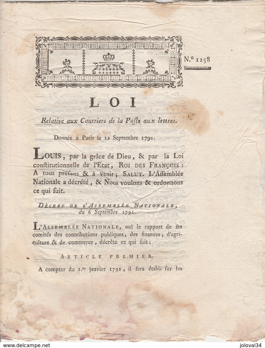 12/9/1791 - 1258 - Loi Relative Aux Courriers De La Poste Aux Lettres - Imprimerie Heirisson Carcassonne Aude - 8 Pages - Documents Historiques