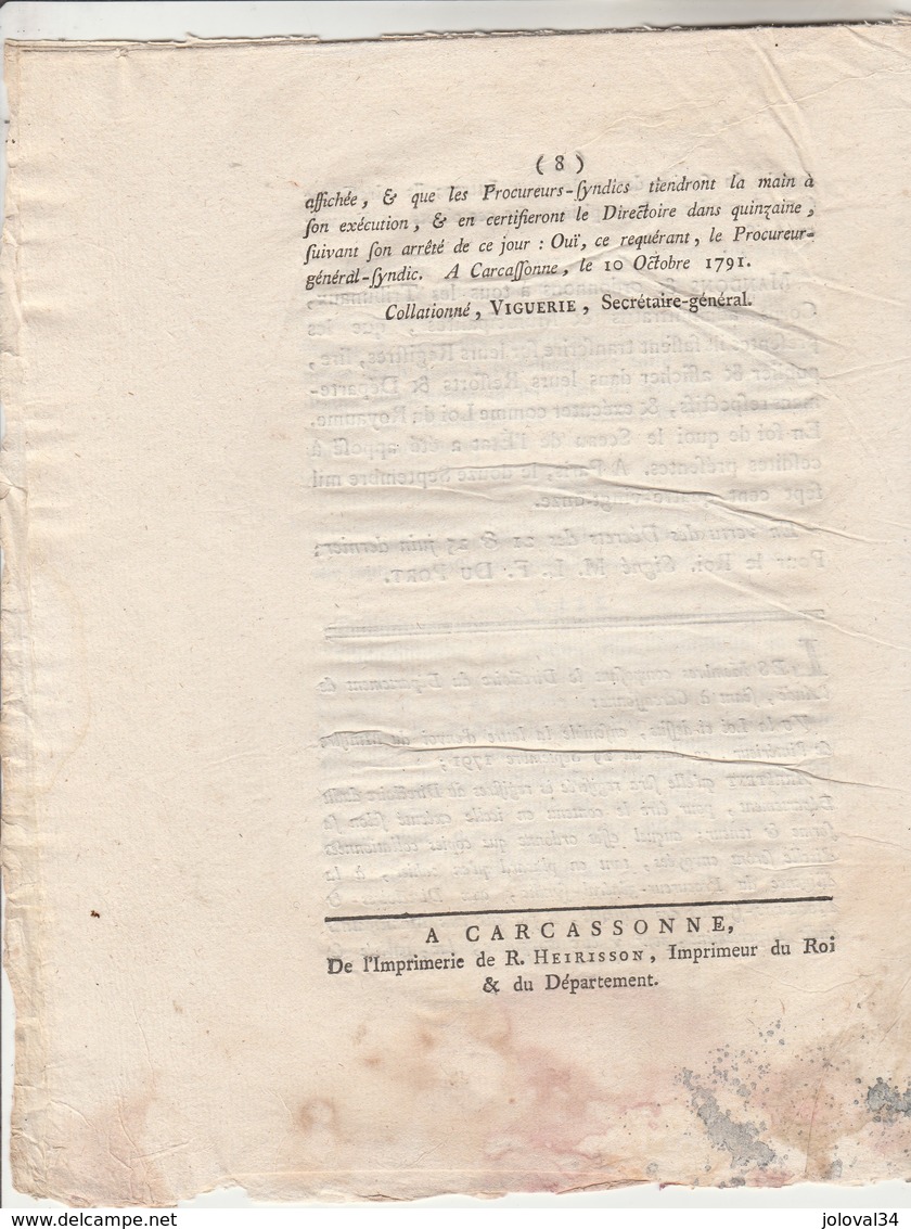 12/9/1791 - 1258 - Loi Relative Aux Courriers De La Poste Aux Lettres - Imprimerie Heirisson Carcassonne Aude - 8 Pages - Historical Documents