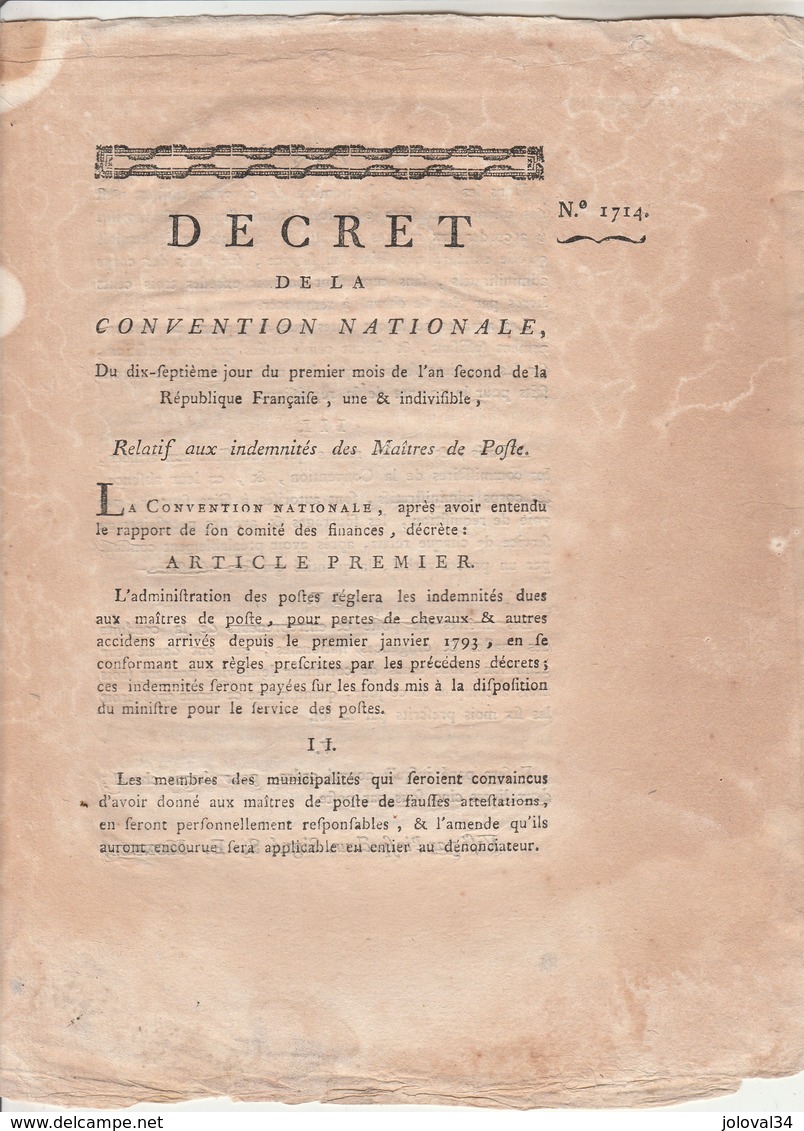 An 2 - 1714 - Décret Relatif Aux Indemnités Des Maitres De Poste - Imprimerie Polere Carcassonne Aude - 4 Pages - Historische Dokumente