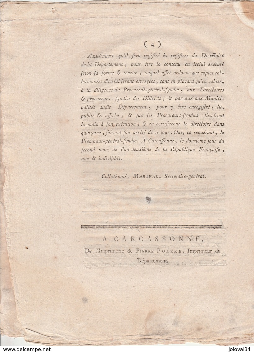 An 2 - 1714 - Décret Relatif Aux Indemnités Des Maitres De Poste - Imprimerie Polere Carcassonne Aude - 4 Pages - Historische Dokumente