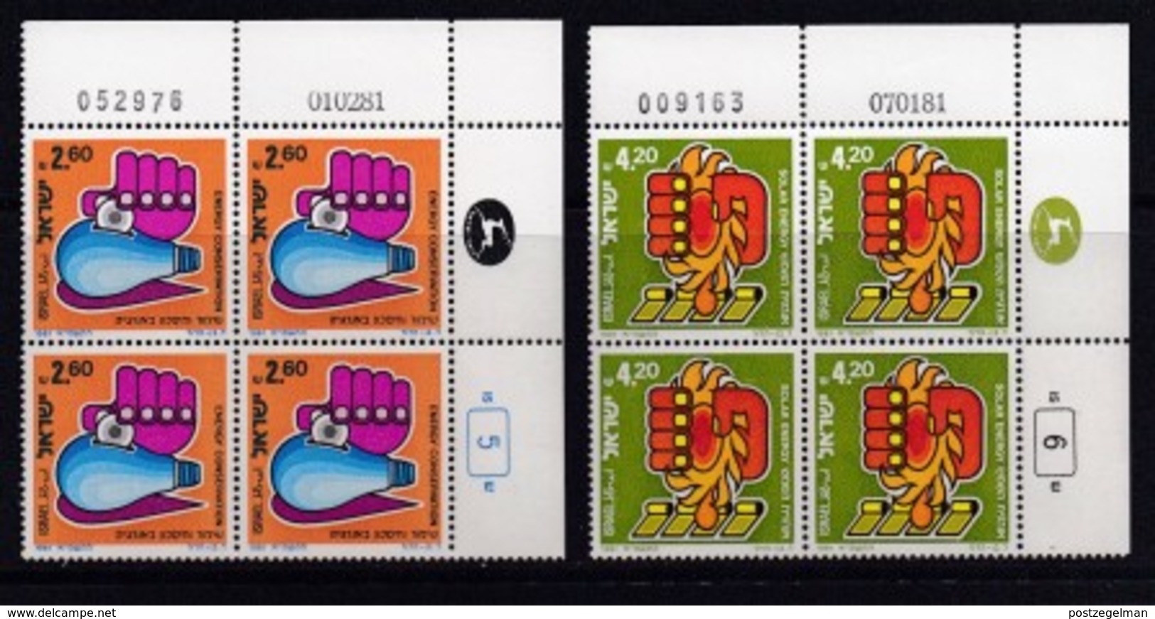 ISRAEL, 1981, Cylinder Corner Blocks Stamps, (No Tab), Energy SGnr(s). 807-808 X1088, - Unused Stamps (without Tabs)