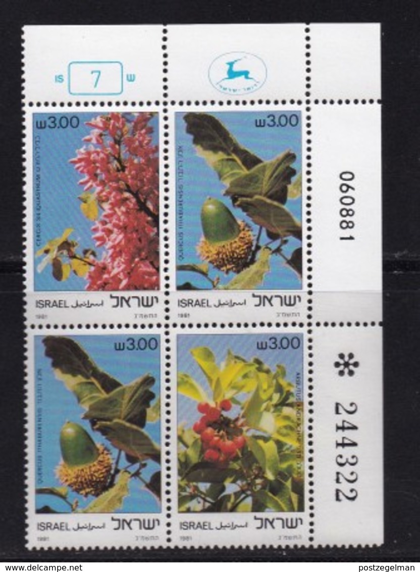 ISRAEL, 1981, Cylinder Corner Blocks Stamps, (No Tab), Trees Of The Holy Land, SGnr(s). 825-827, X1090 - Unused Stamps (without Tabs)