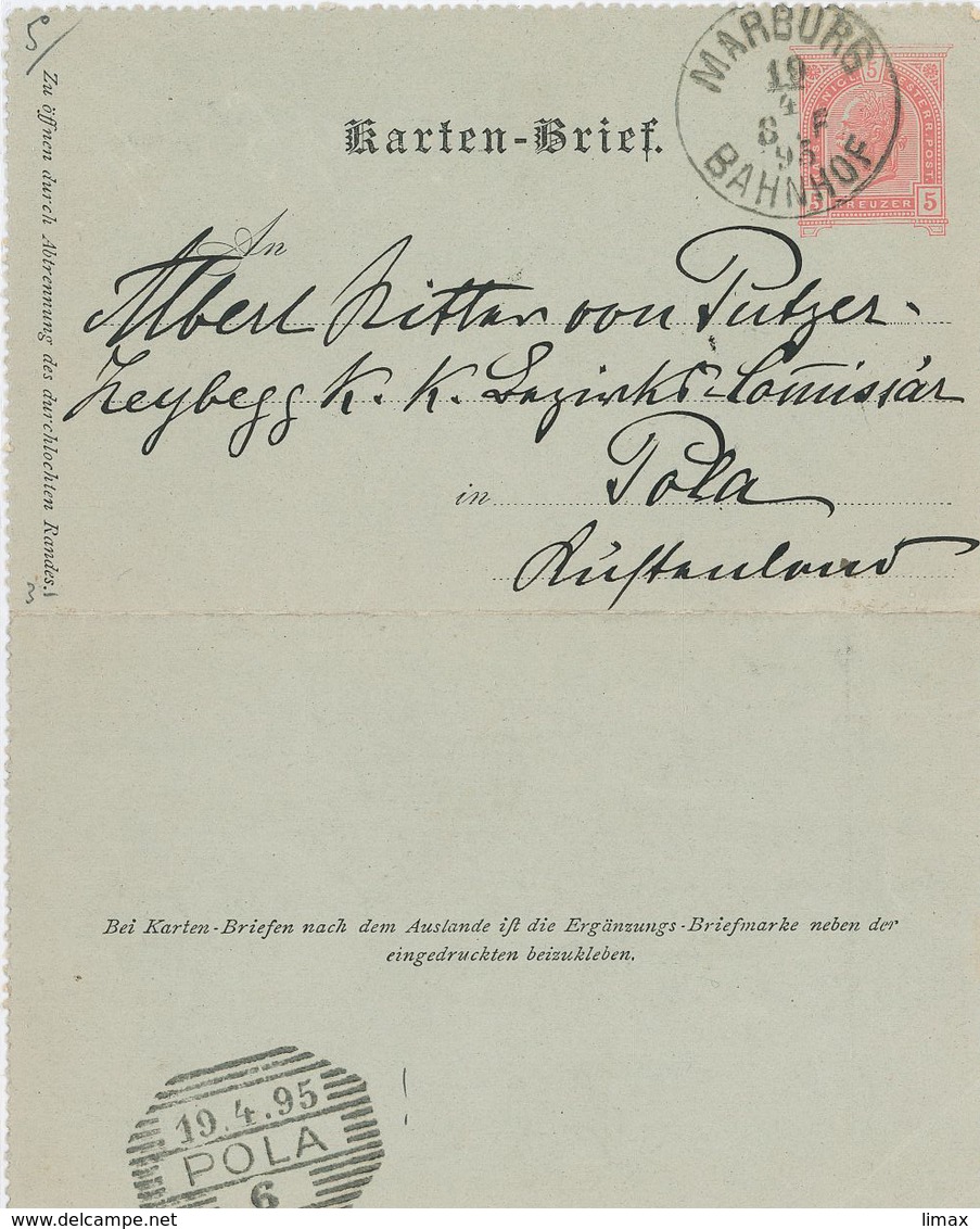 Kartenbrief Marburg Bahnhof 1895 Nach Pola Pula - An Albert Ritter Von Putzer Reybegg [sein Vater Judaica] - Covers & Documents