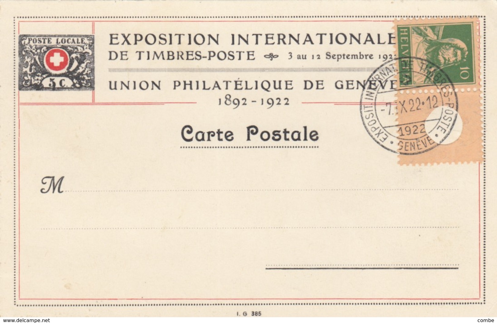 CARTE SUISSE. 1922. EXPOSITION INTERNATIONALE DE TIMBRES POSTE DE GENEVE - Briefe U. Dokumente