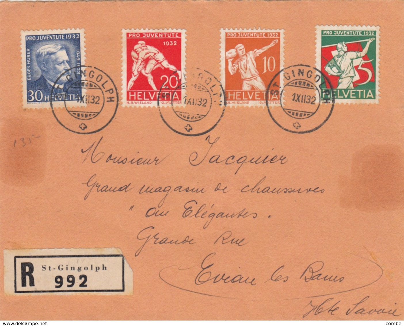 LETTRE DEVANT.  SUISSE. RECOMMANDÉ ST GINGOLPH POUR EVIAN. PROJUVENTUTE 1932 - Covers & Documents