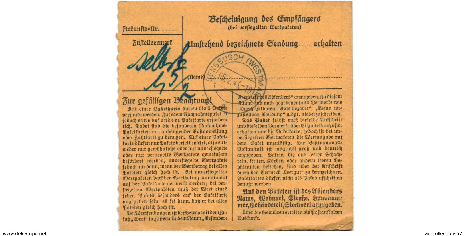 ALLEMAGNE  /  COLIS-POSTAL / De Leipzig / Pressler - Zigarren - Handlungen / 28-1-43 - Lettres & Documents