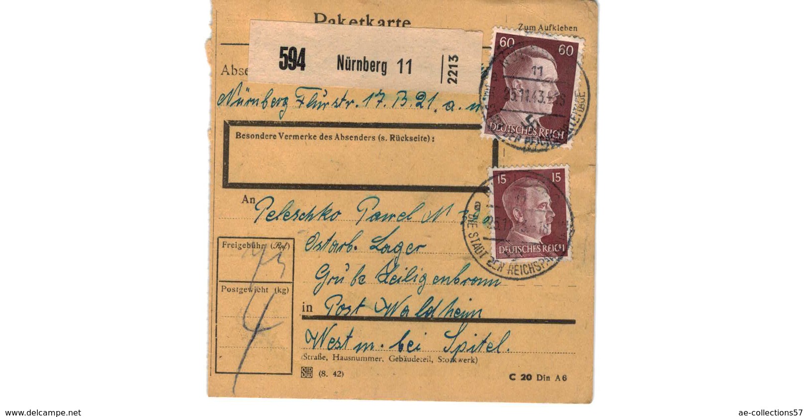 ALLEMAGNE  /  COLIS-POSTAL / De Nürnberg / Pour Waldheim - Spittel / 25-11-43 - Covers & Documents