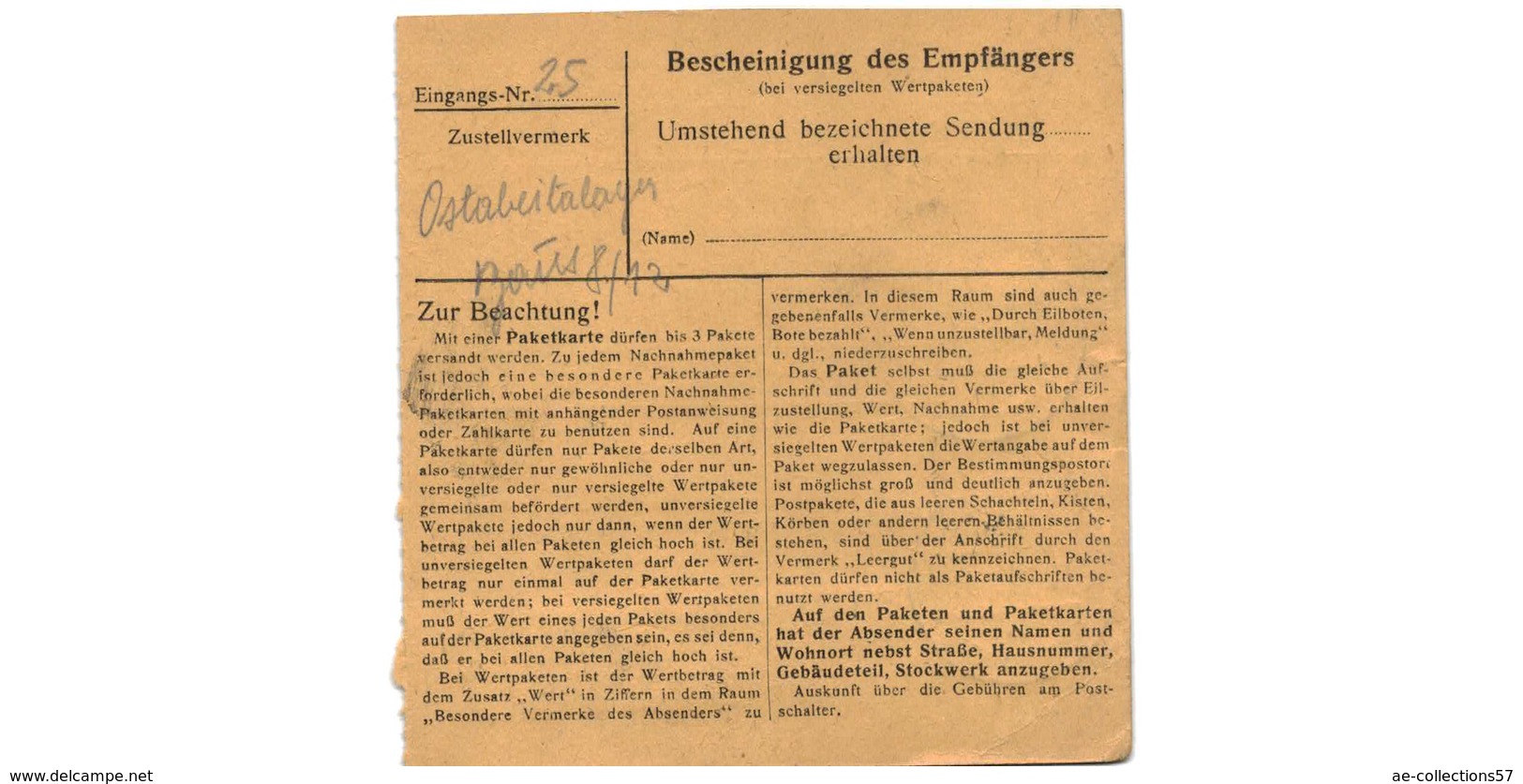 ALLEMAGNE  /  COLIS-POSTAL / De Nürnberg / Pour Waldheim - Spittel / 25-11-43 - Covers & Documents