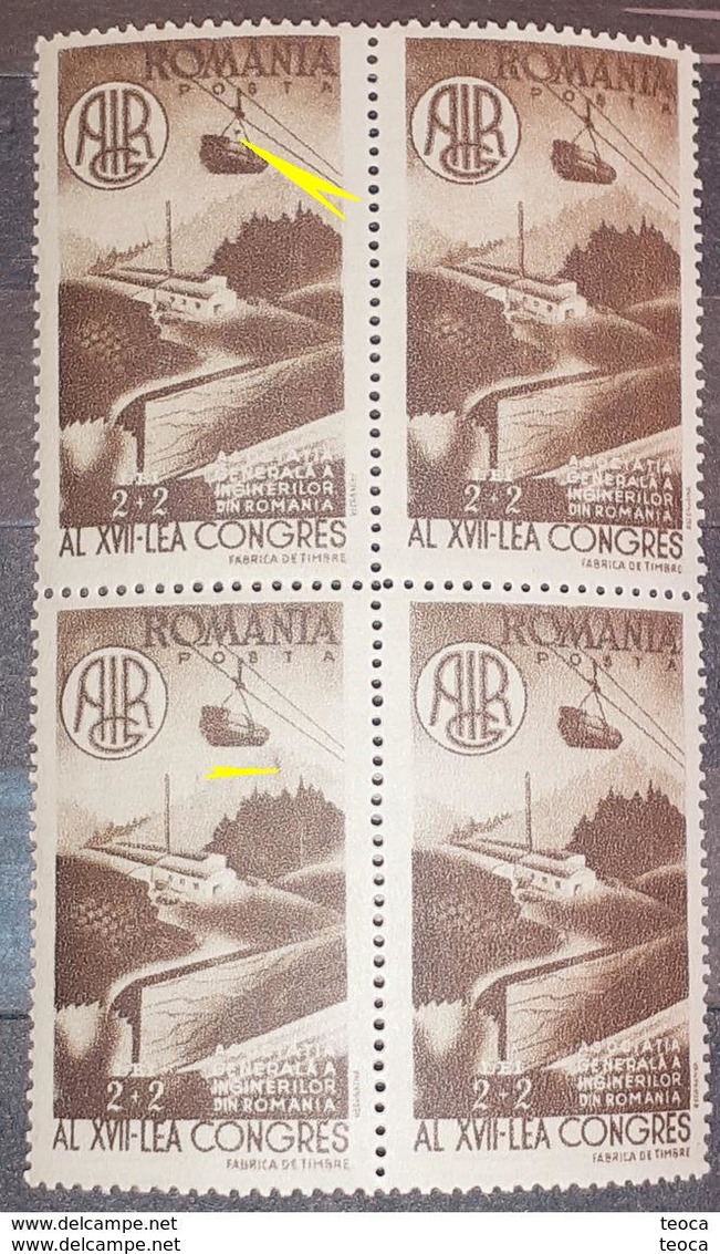 Errors Romania 1947, Mi 1079, Block X4, With Point Color At Cable, Mnh - Variedades Y Curiosidades