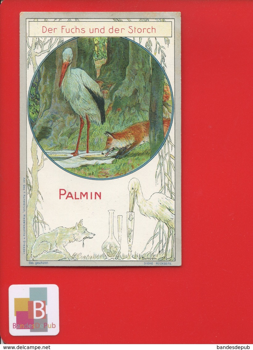 PALMIN Jolie Chromo  LITTERATURE LAFONTAINE Fable La Fontaine  La Cigogne Et Le Renard  FUCHS STORCH - Otros & Sin Clasificación