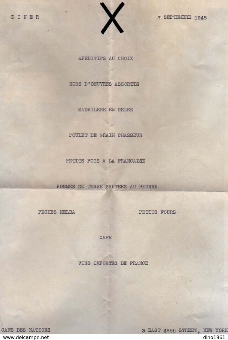 VP16.267 - Café Des Nation à NEW - YORK - Menu - Diner Du 7 Septembre 1948 - Menu