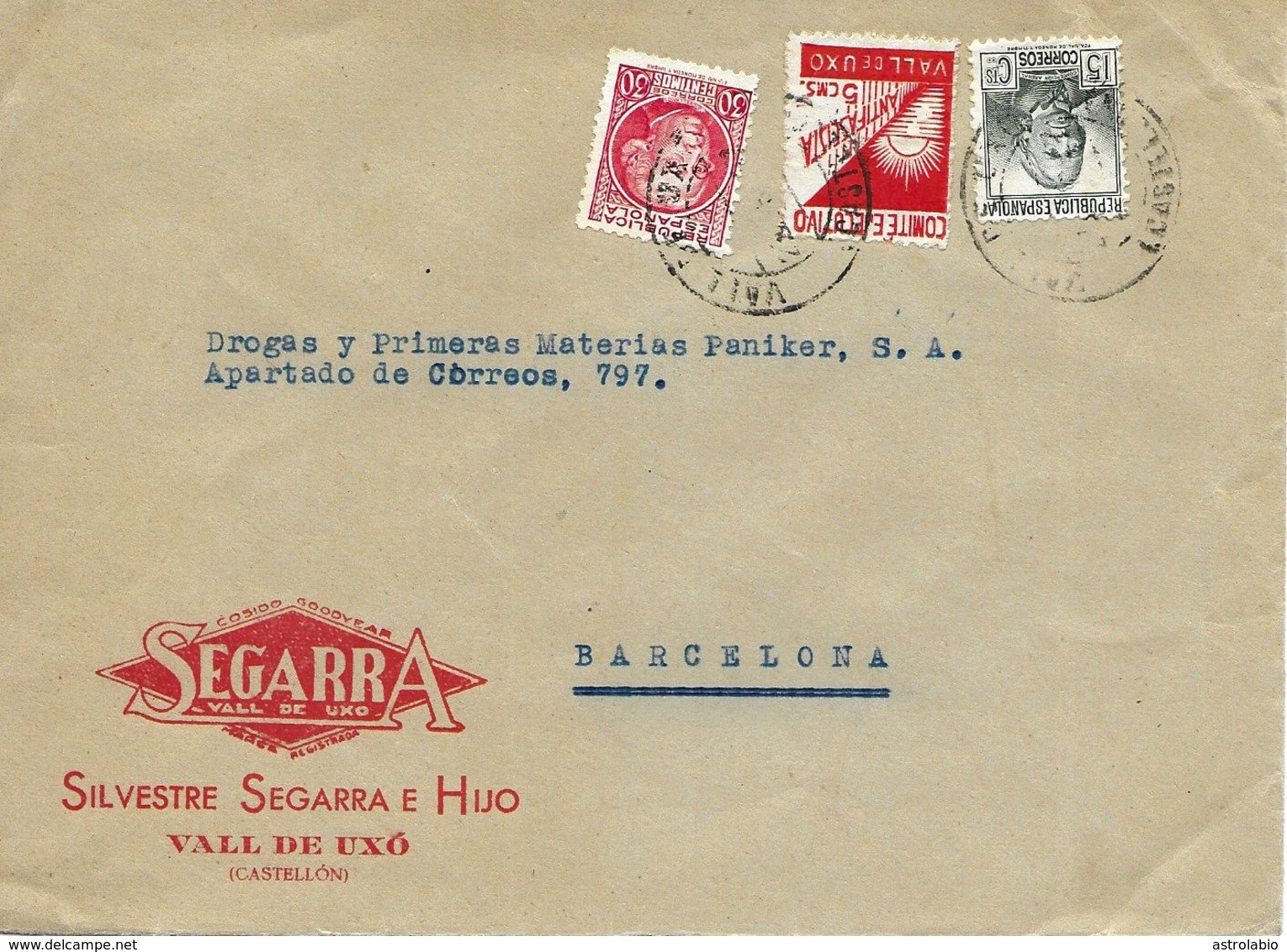 Vall De Uxó (Castellón) A Barcelona 1937, Carta Con Locales. Guerre D'Espagne - Emissions Républicaines