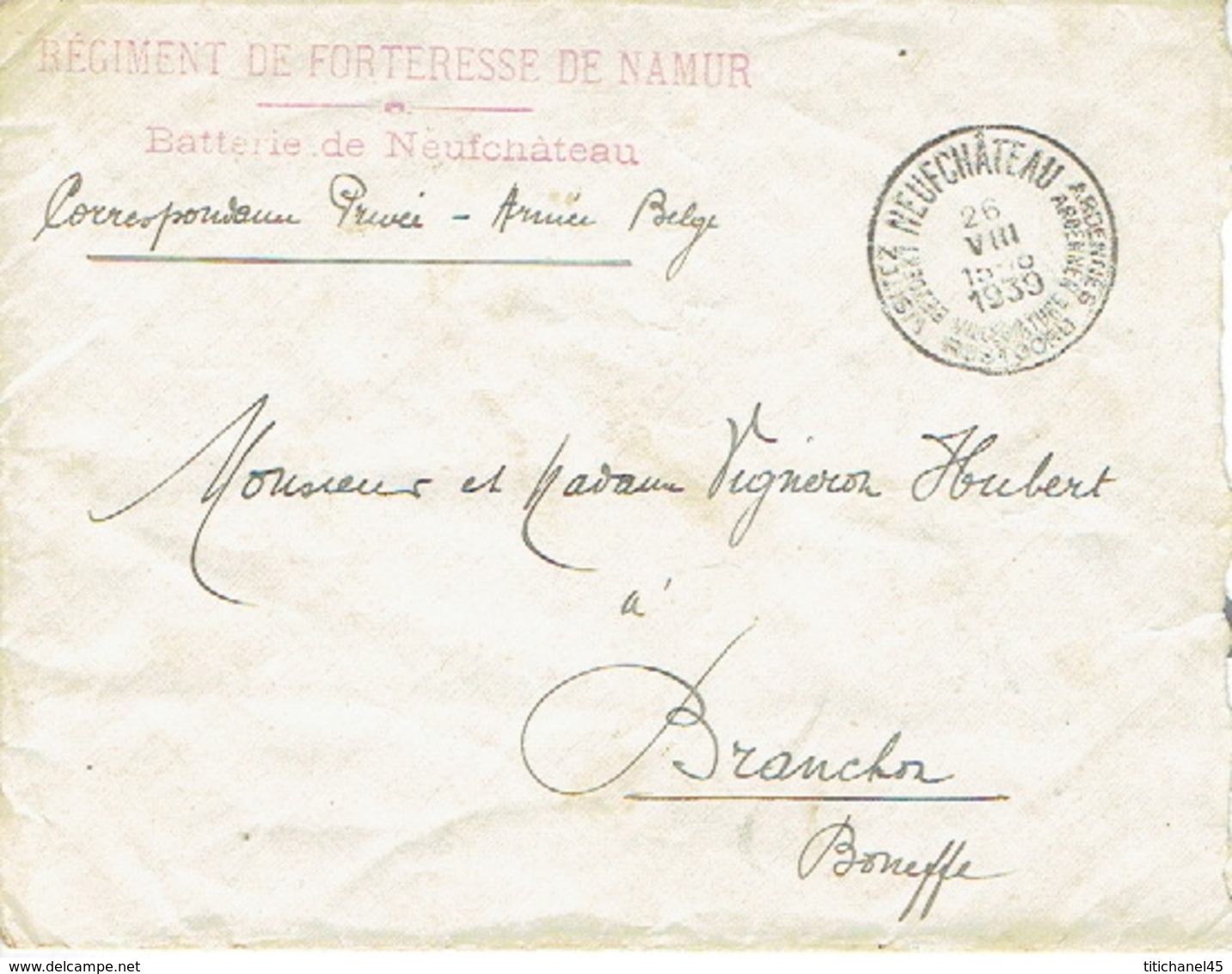 Armée Belge - Enveloppe En Franchise - Cachet Du REGIMENT DE FORTERESSE DE NAMUR Batterie De NEUFCHATEAU - Briefe U. Dokumente