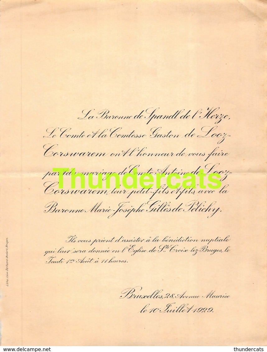 FAIRE PART MARIAGE DE SPANDL DE L'HERZE COMTE GASTON DE LOOZ CORSWAREM ANTOINE MARIE JOSEPHE GILLES DE PELICHY BRUXELLES - Annunci Di Nozze