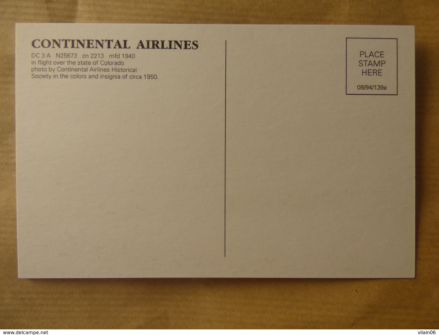 AIRLINE ISSUE / CARTE COMPAGNIE   CONTINENTAL AIRLINES  DC 3 - 1946-....: Era Moderna