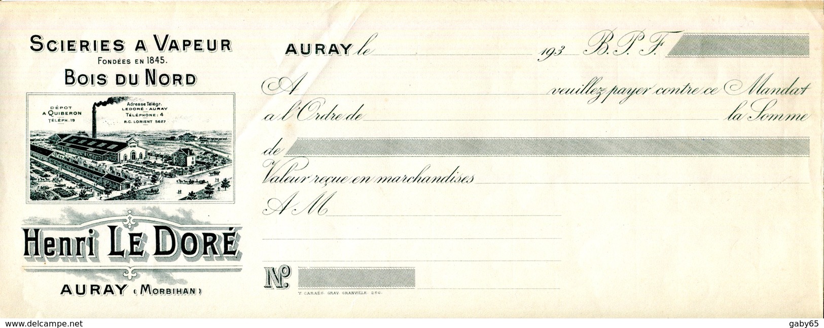 56.MORBIHAN.AURAY.BOIS DU NORD.SCIERIES A VAPEUR.HENRI LE DORÉ.DEPOT A QUIBERON. - Bills Of Exchange