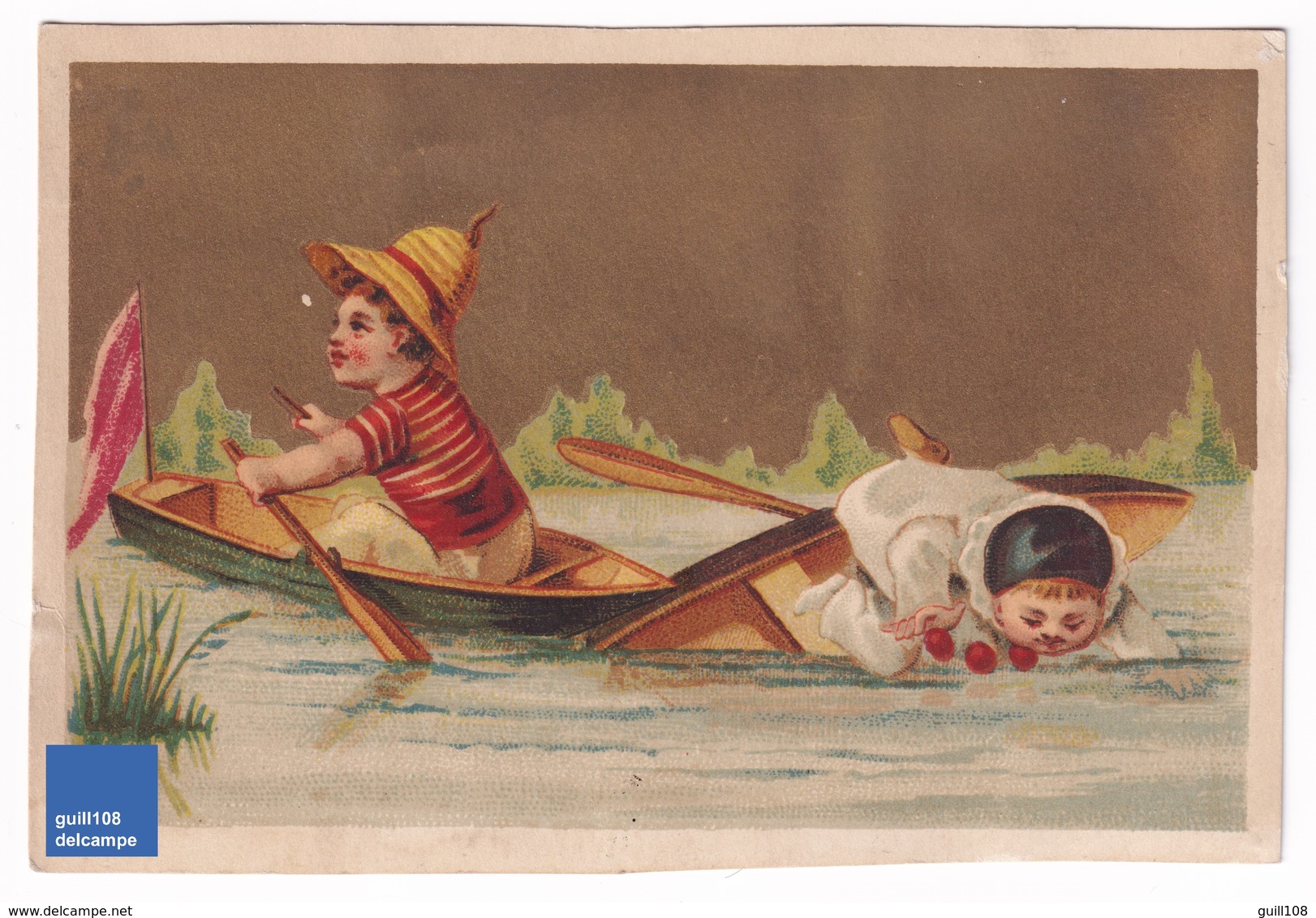 Chromo Dorée 1900s Sans Publicité Thème Canoe Barque Canotage Pierrot French Victorian Trade Card Rowing  A31-54 - Otros & Sin Clasificación