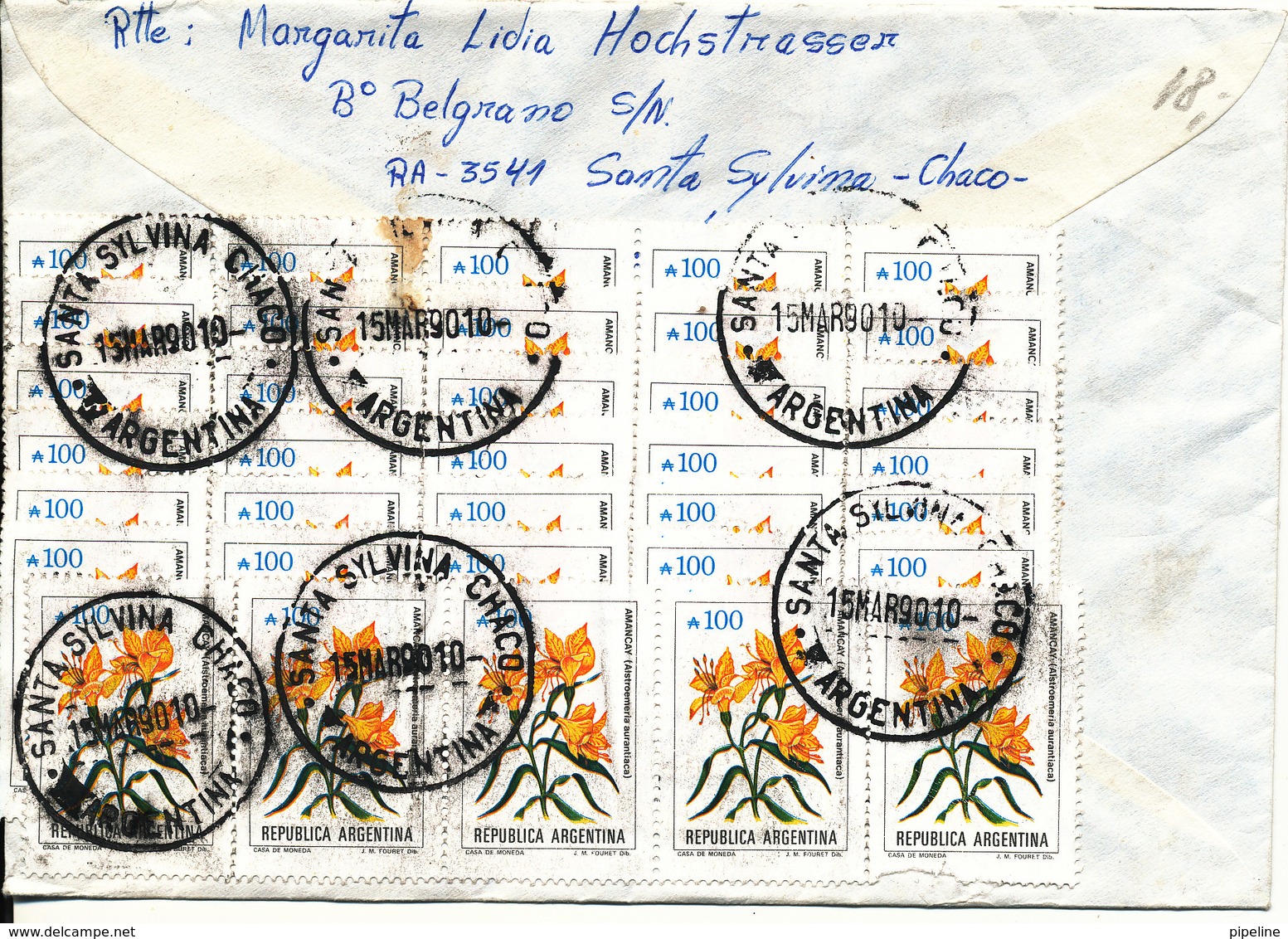 Argentina Cover Sent Air Mail To Switzerland 15-3-1990 With 35 Of The Same Stamp On The Backside Of The Cover FLOWERS - Lettres & Documents