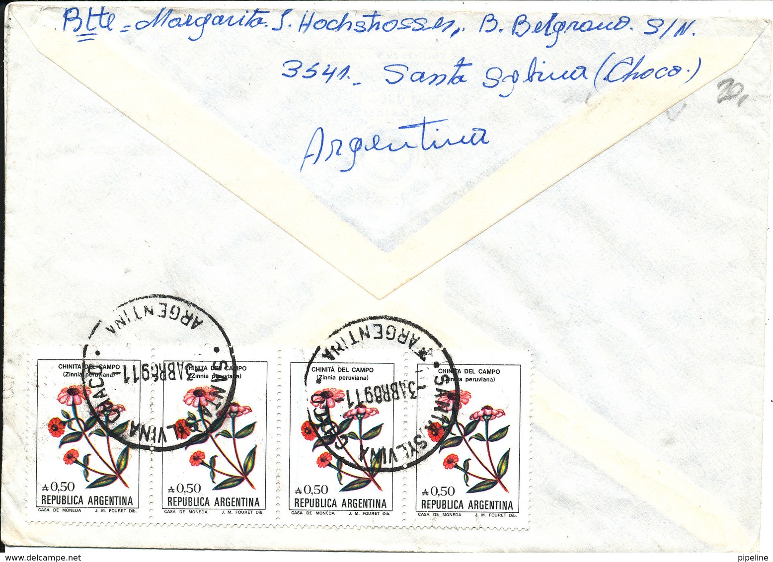 Argentina Cover Sent Air Mail To Switzerland 3-4-1989 Topic Stamps FLOWERS On Front And Backside Of The Cover - Lettres & Documents