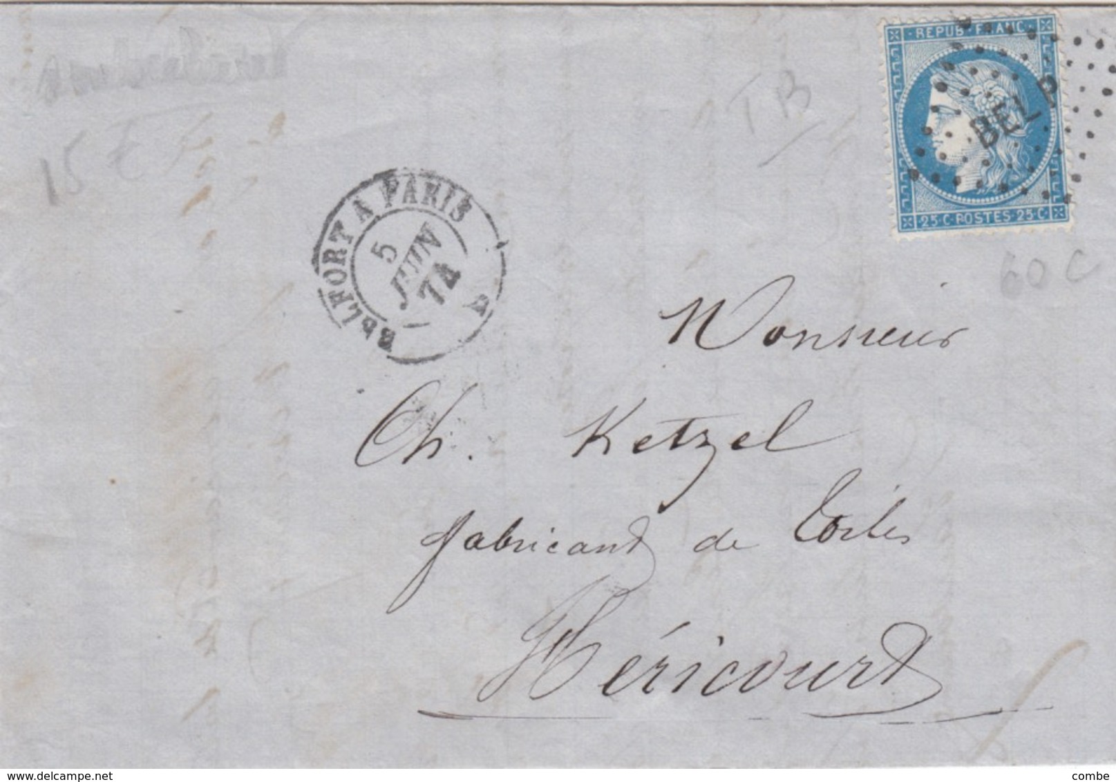 LETTRE. 5 JUIN 1874. BELFORT A PARIS. BEL P. BELLE FRAPPE /  2 - 1849-1876: Période Classique