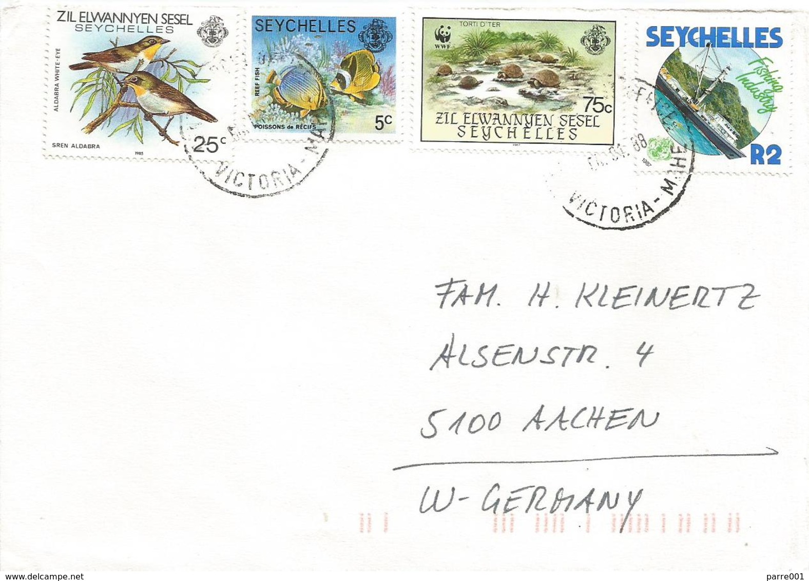 Seychelles 1988 Victoria WWF Aldabra Tortoise White-eye Sren Fishing Cover - Lettres & Documents