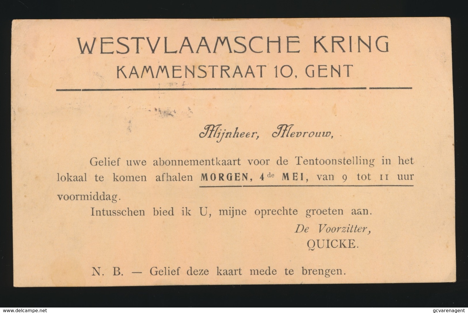 GENT  GELE BRIEFKAART  ) WESTVLAAMSCHE KRING  KAMMENSTRAAT 19 - Gent