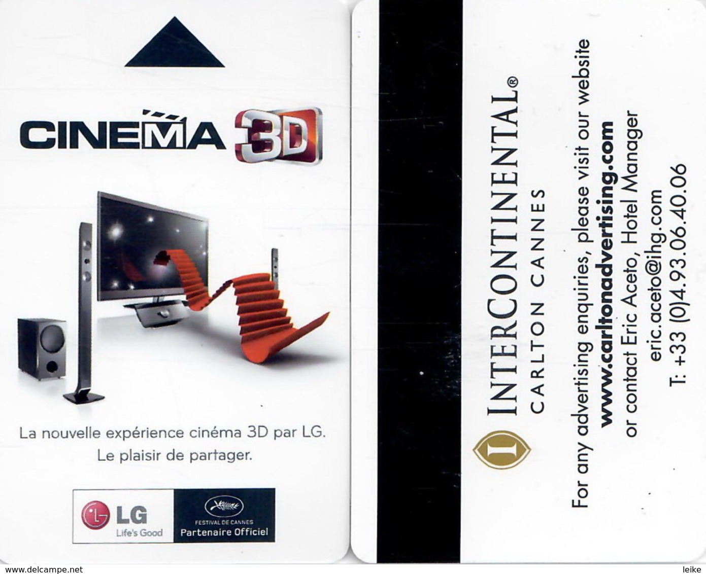 Intercontinental Carlton Cannes =2071= Hotel Room Keycard, Room Keys, Hotelkarte, Clef De Hotel - Cartas De Hotels