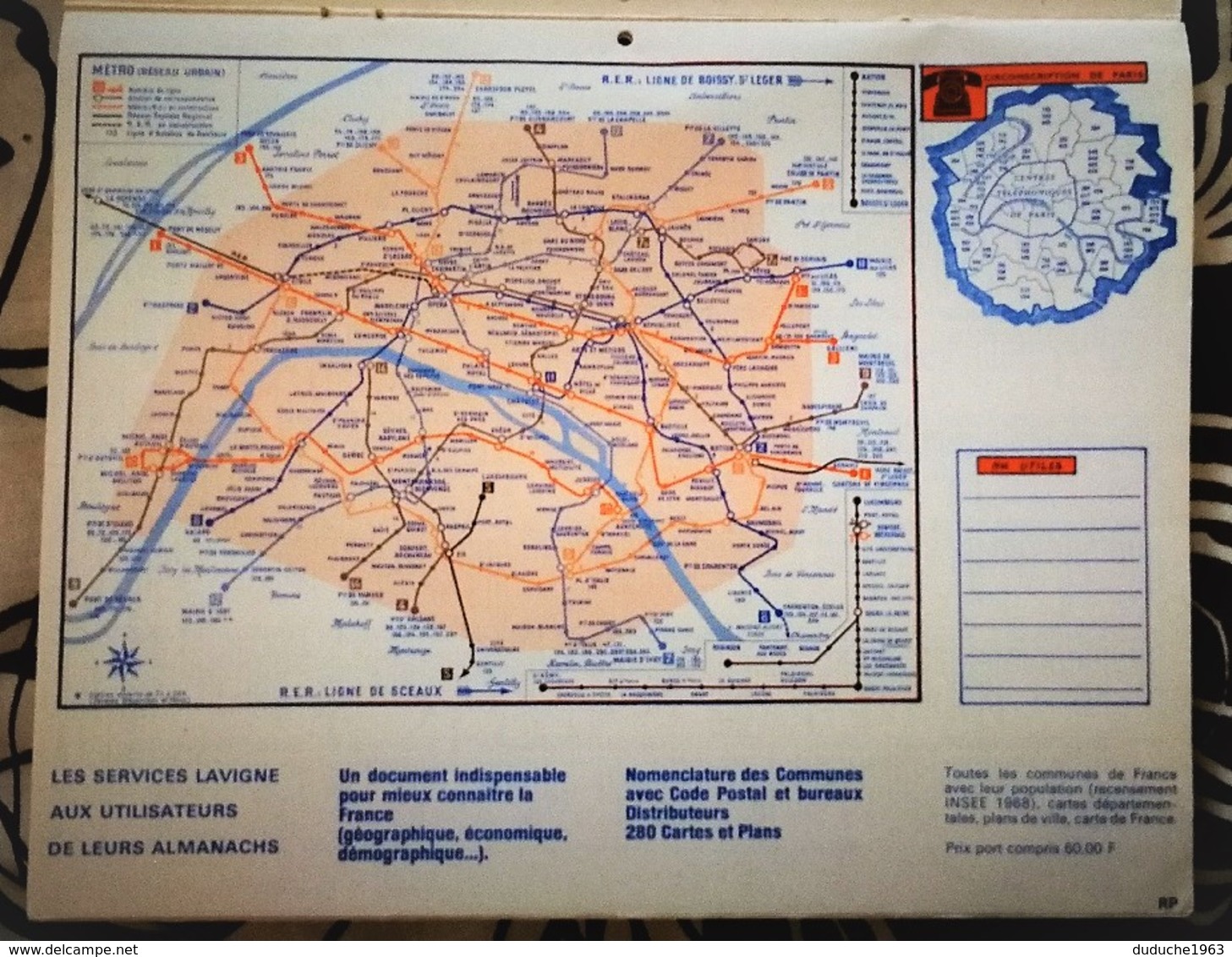 Calendrier double - Almanach Disney: 75.Paris 1975  Plan Paris,région,métro,RER