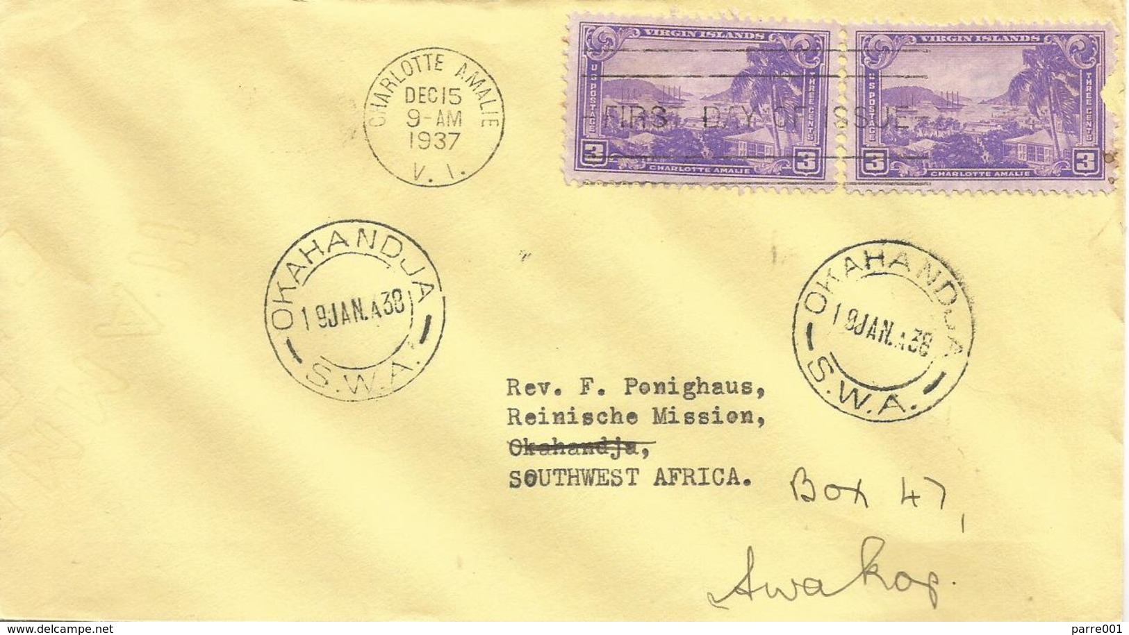 USA 1937 Charlotte Amalie FDC Cover To Okahandja Swakopmund SWA Namibia - 1851-1940