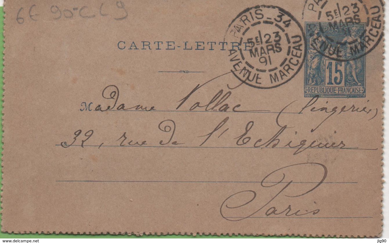 Entier Type SAGE 15c Bleu 90-CL9 Paris-34 à Paris 23/03/1891 - Cartoline-lettere