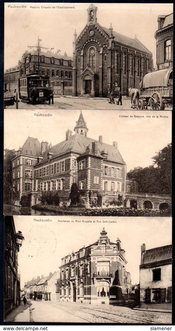 2 Old Postcards,France,HAUBOURDIN,Rue Sadi-Carnot,Hospice,Chateau De Beaupré, Used 1916 - Haubourdin