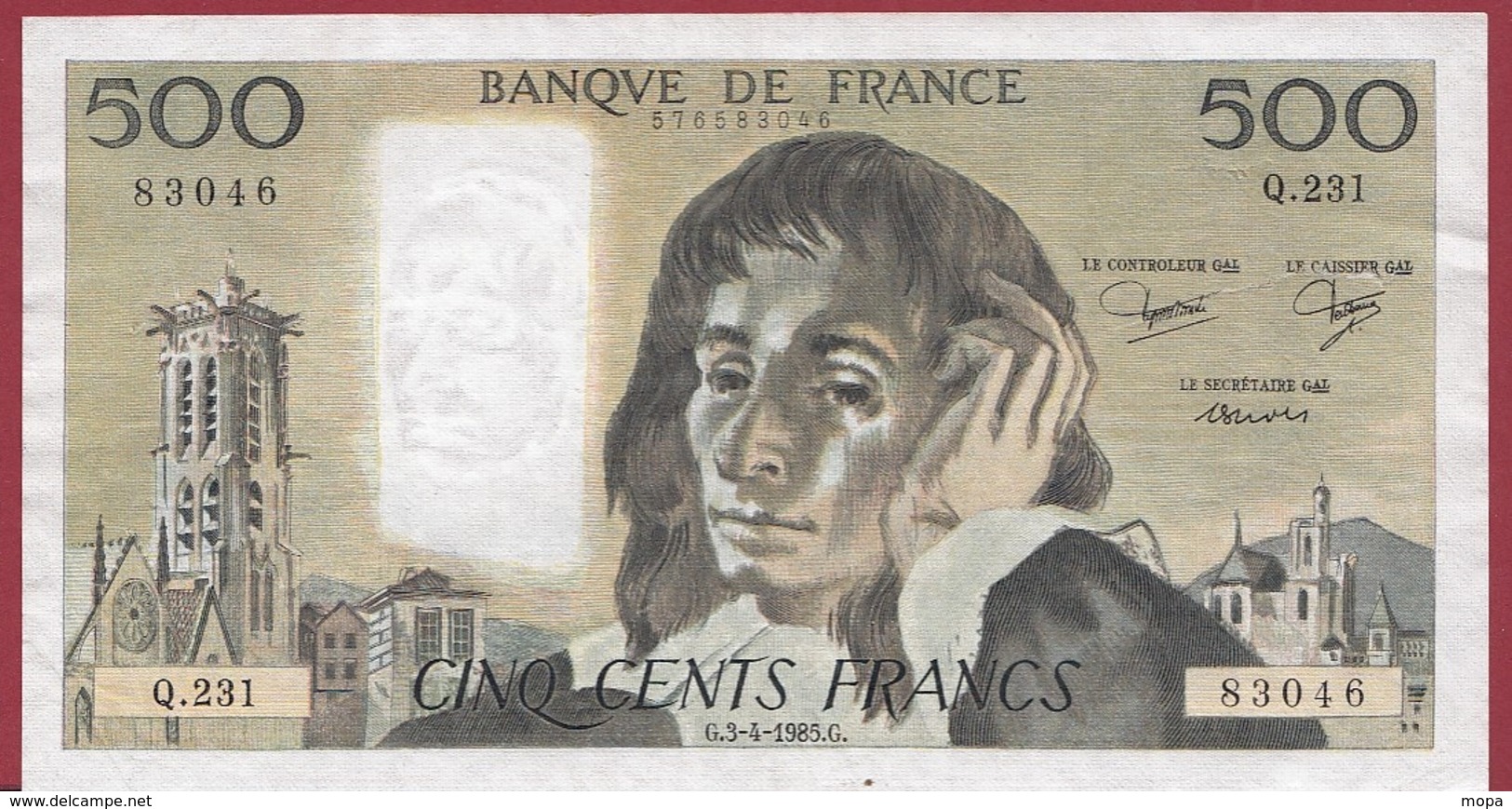 500 Francs "Pascal" Du 03/04/1985.G --VG/TTB---ALPH.Q.231 (BILLET SCOTCHE A L ARRIERE ) - 500 F 1968-1993 ''Pascal''