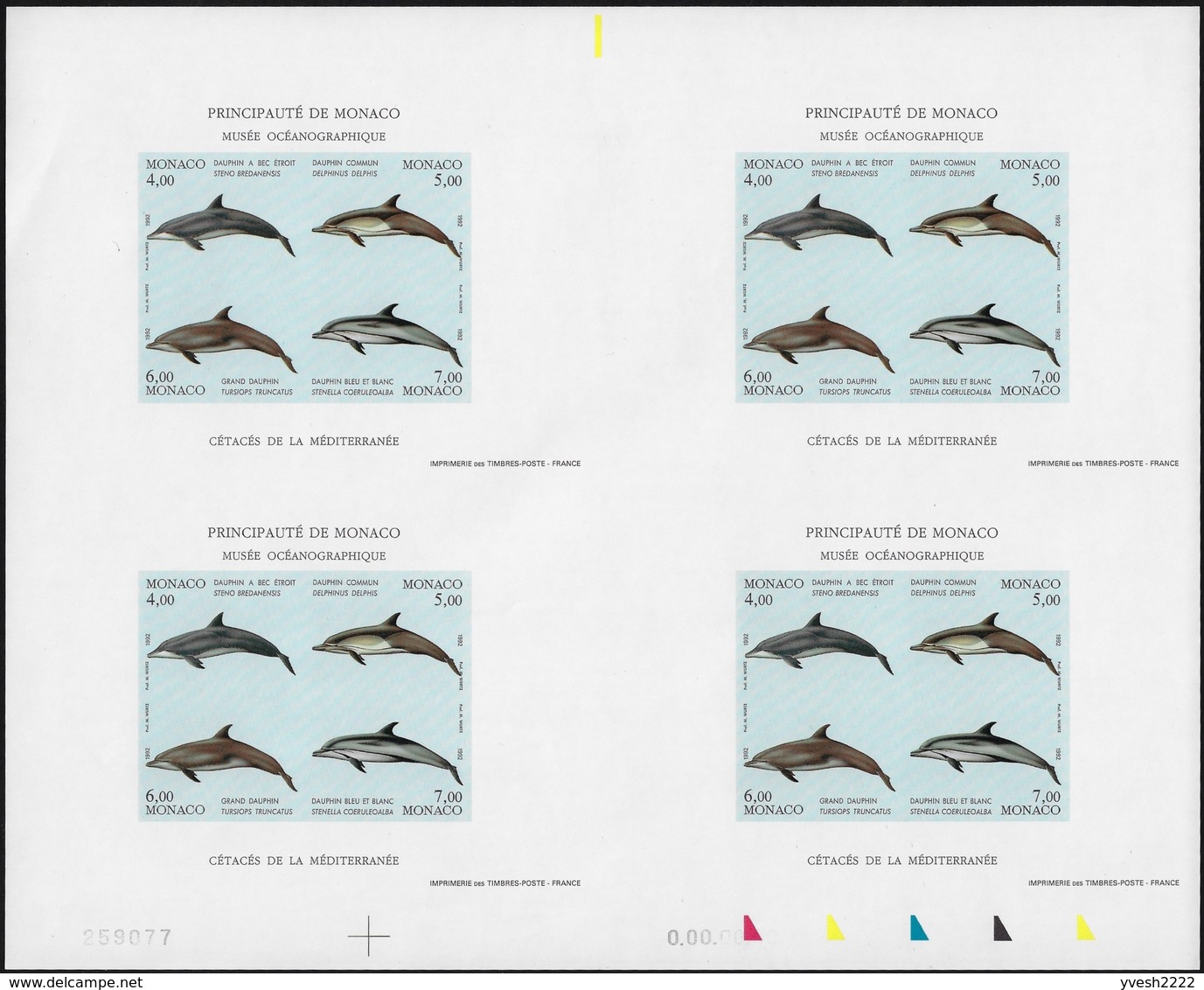 Monaco 1992 Y&T BF 56. Essai Hélio En Feuille De 4 Blocs. Cétacés De La Méditerranée : Dauphins (Delphinus Delphis), - Dauphins