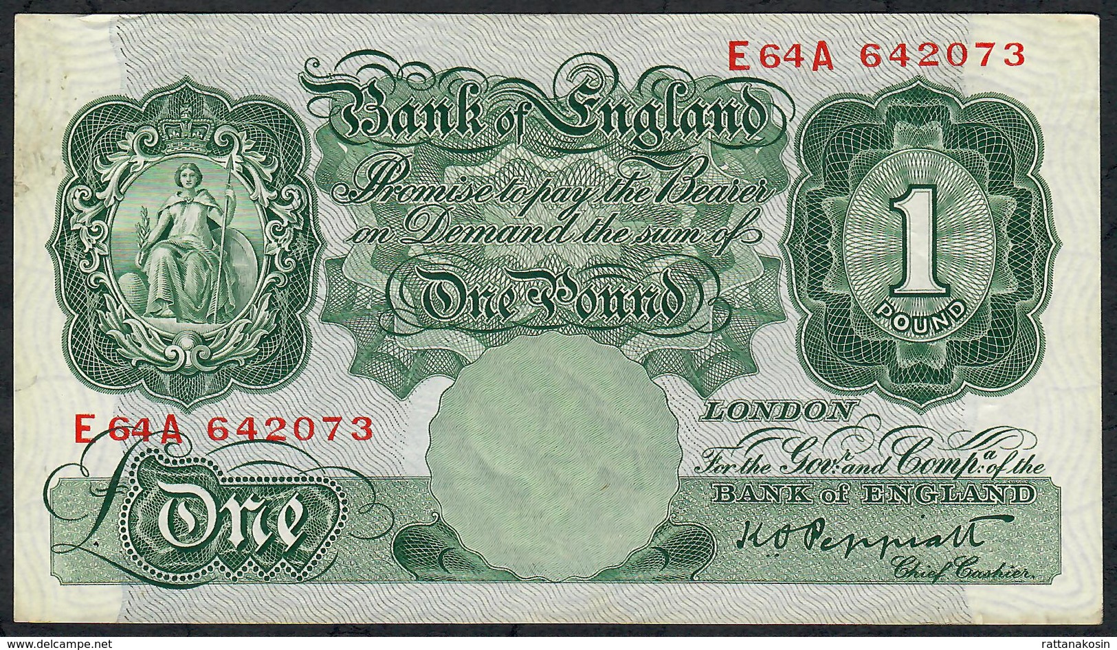GREAT BRITAIN    P369 1 POUND  1948  #E64A  Signature  PEPPIATT    XF NO P.h. - 1 Pound