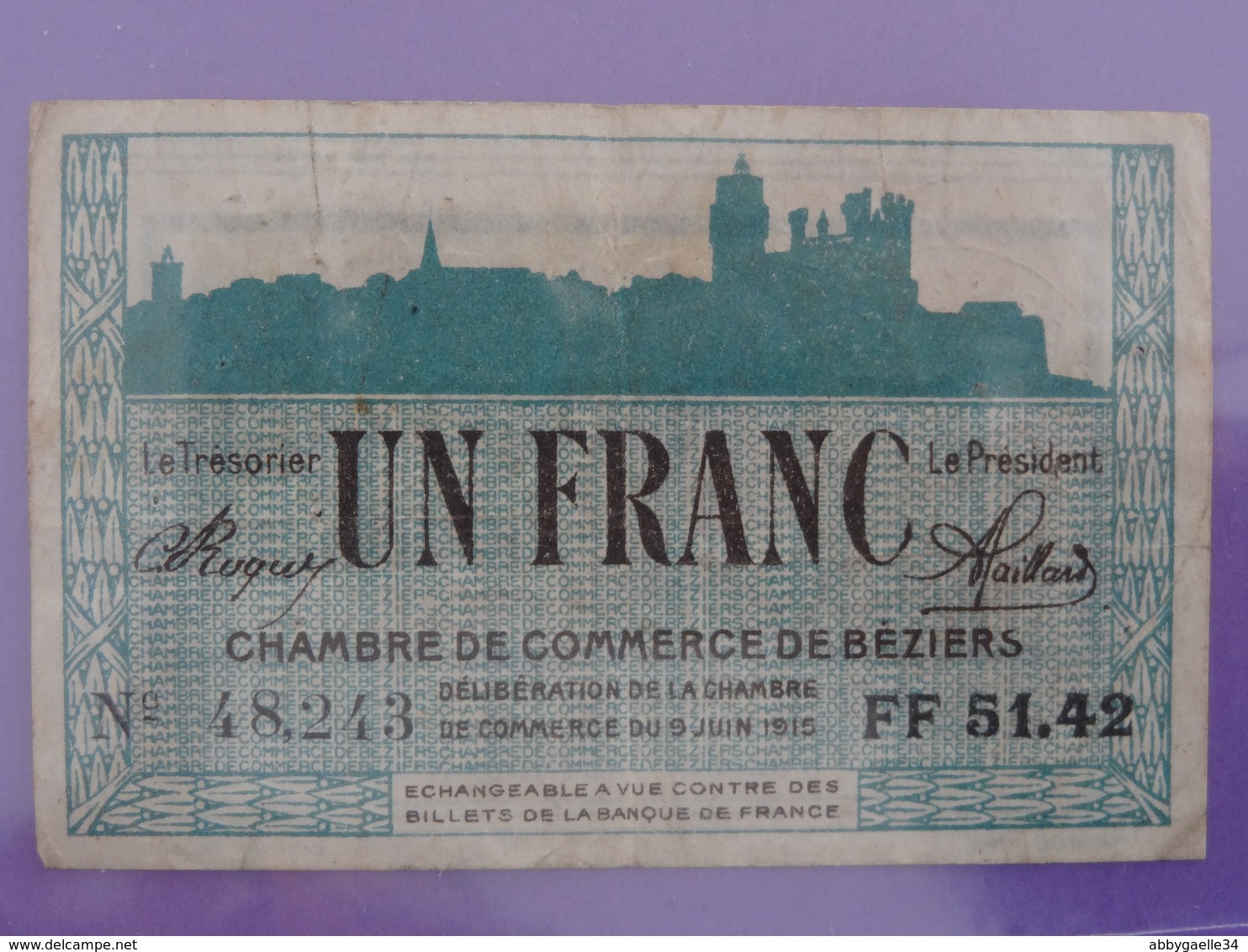 Billet De 1F Un Franc Série FF 51.42 Type RARE Chambre De Commerce De Béziers (Hérault) Raisin Blason CADENAT Magrou - Camera Di Commercio