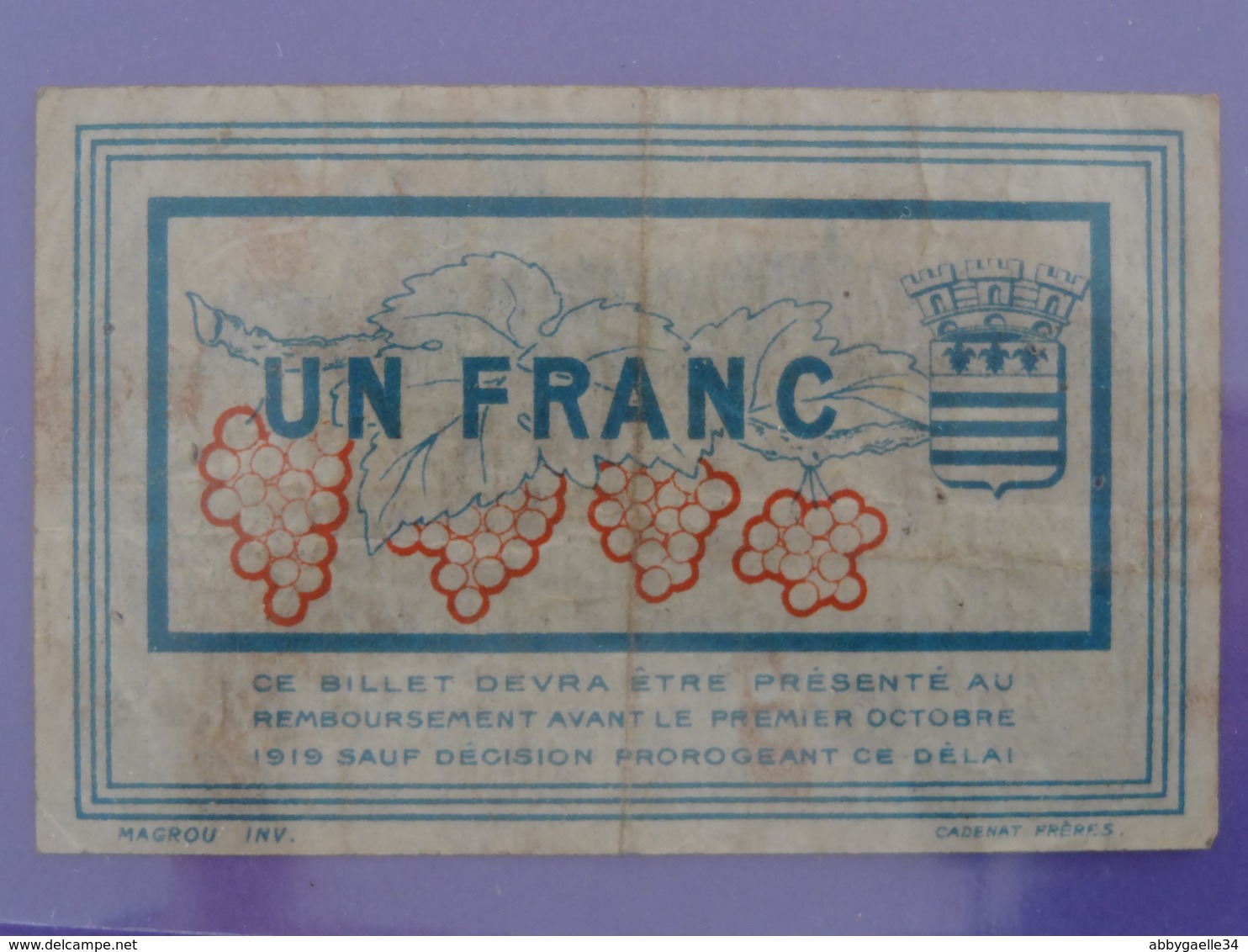 Billet De 1F Un Franc Série FF 51.42 Type RARE Chambre De Commerce De Béziers (Hérault) Raisin Blason CADENAT Magrou - Camera Di Commercio