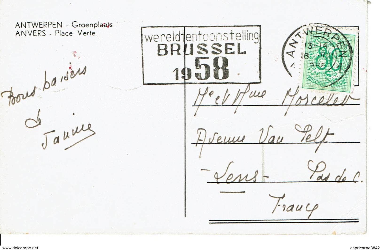 1958 - D'Envers Pour Lens - Oblit. "Wereldtentoonstelling BRUSSEL 1958" Exposition Mondiale Bruxelles 1958 - Flammes