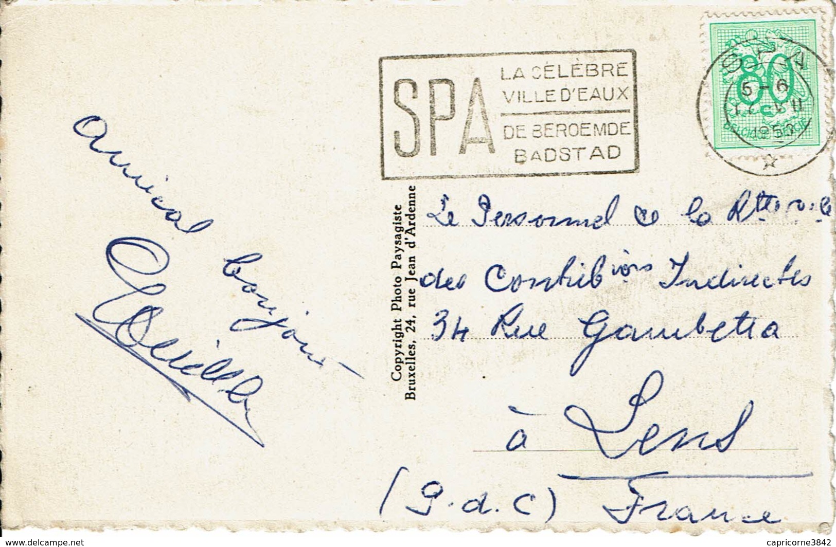1953 - De Spa Pour Lens - Oblit. "SPA LA CELEBRE VILLE D'EAU - DE BEROEMDE BADSTAD" Sur Carte Postale De Spa - Sellados Mecánicos