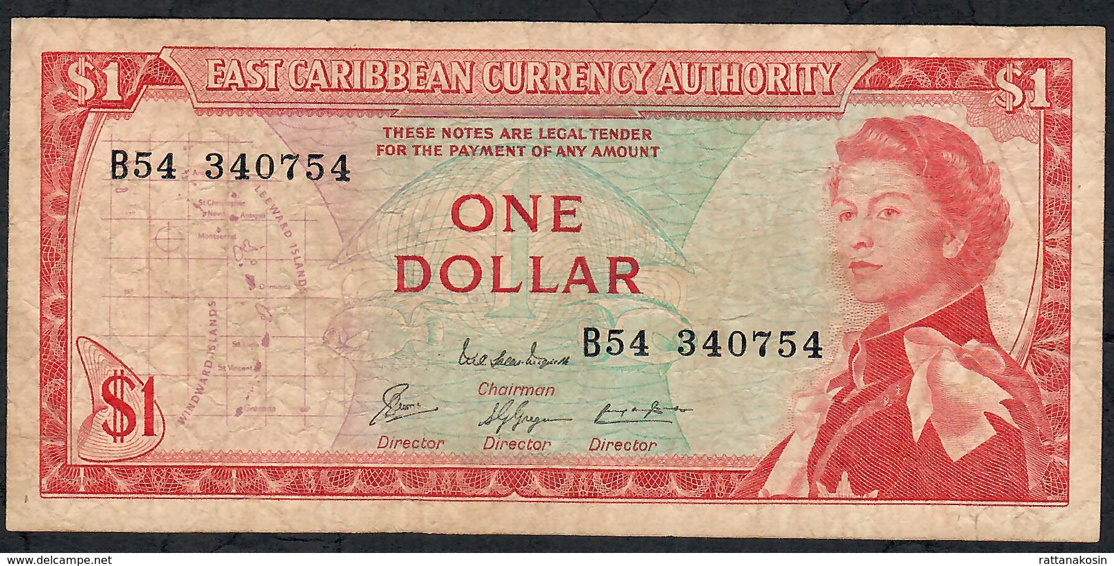 E.C.T. P13c8 1 DOLLAR 1965  #B54 Signature 8 Issued 1974  VF  NO P.h. - Caribes Orientales