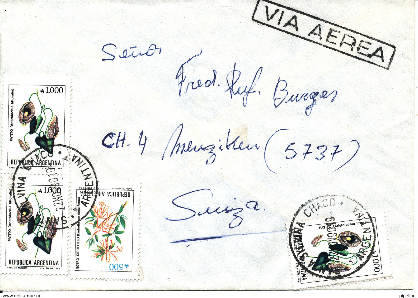 Argentina Cover Sent Air Mail To Switzerland 22-11-1990 Topic Stamps FLOWERS On Front And Backside Of The Cover - Lettres & Documents