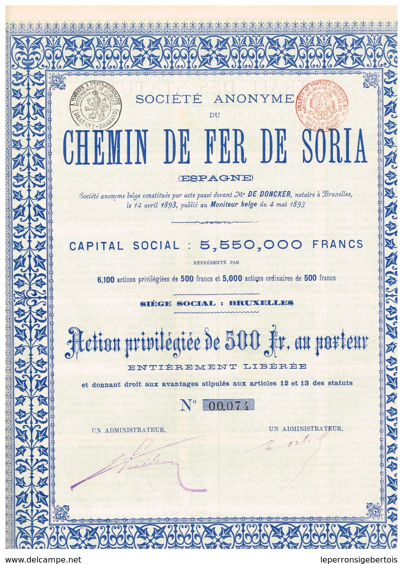 Titre Ancien - Société Anonyme Du Chemin De Fer De Soria - Espagne  -Titre De 1893 - VF - Spoorwegen En Trams