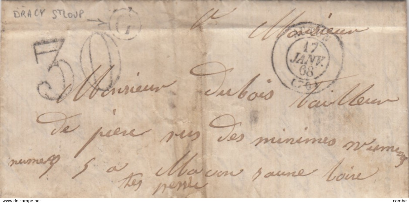 LETTRE. 17 JANV 68. TAXE 30 TAMPON TARDIVE. SAONE ET LOIRE AUTUN. BOITE RURALE G = DRACY   /  2 - 1849-1876: Klassik