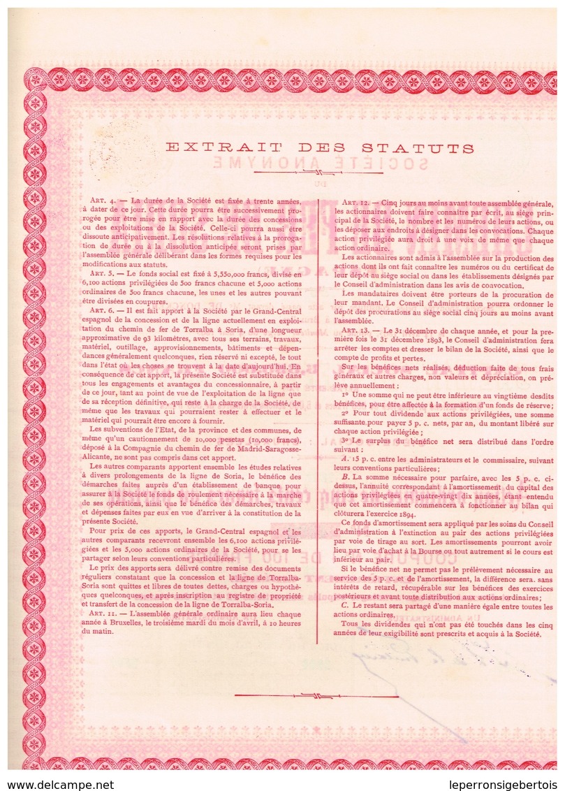 Titre Ancien - Société Anonyme Du Chemin De Fer De Soria - Espagne  -Titre De 1893 - VF - Spoorwegen En Trams