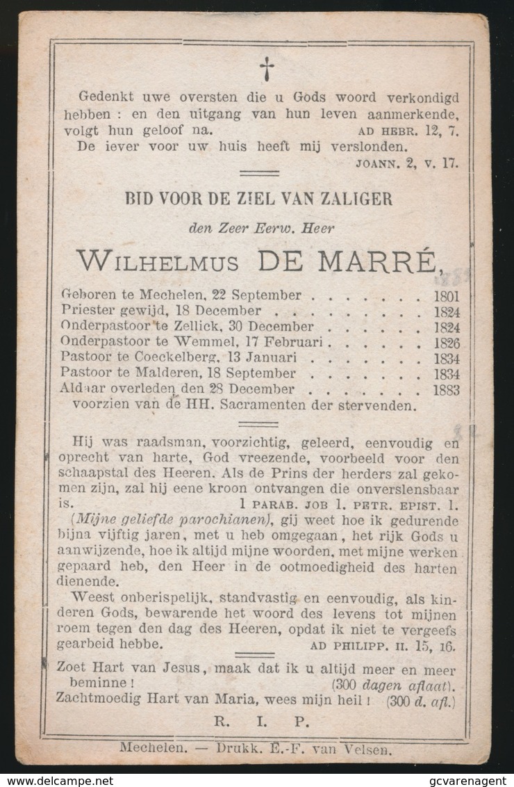 PASTOOR MALDEREN - WILHELMUS DE MARRE - MECHELEN 1801 - MALDEREN 1883 - Décès