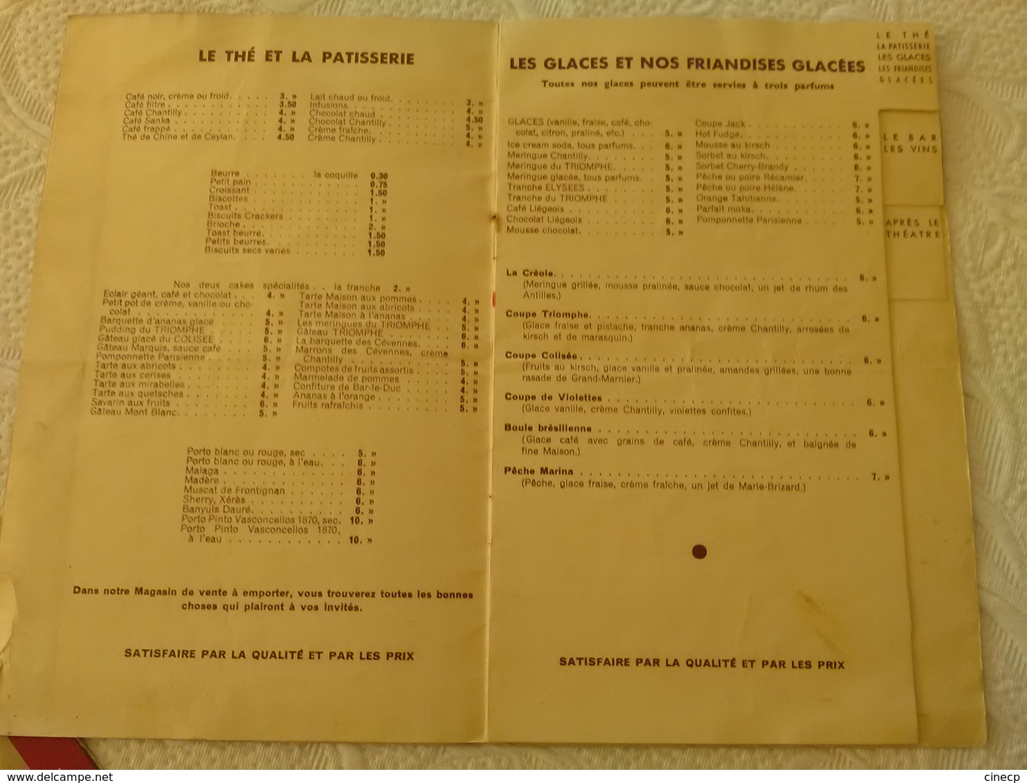 Lot Restaurant LE TRIOMPHE CHAMPS ELYSEES PARIS ensemble de menu s carte s du restaurant bar 1930' archive d'1 cuisinier