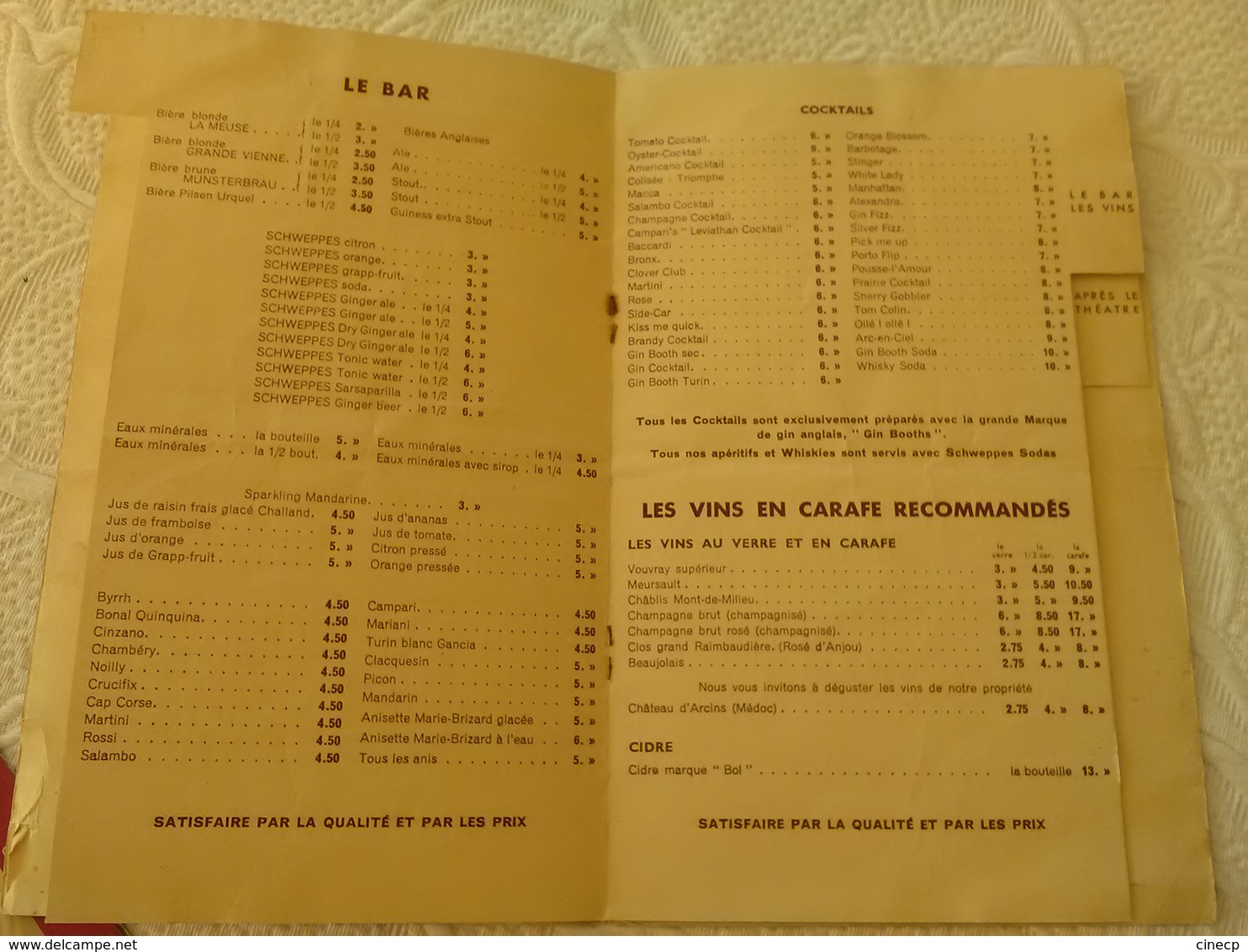 Lot Restaurant LE TRIOMPHE CHAMPS ELYSEES PARIS ensemble de menu s carte s du restaurant bar 1930' archive d'1 cuisinier